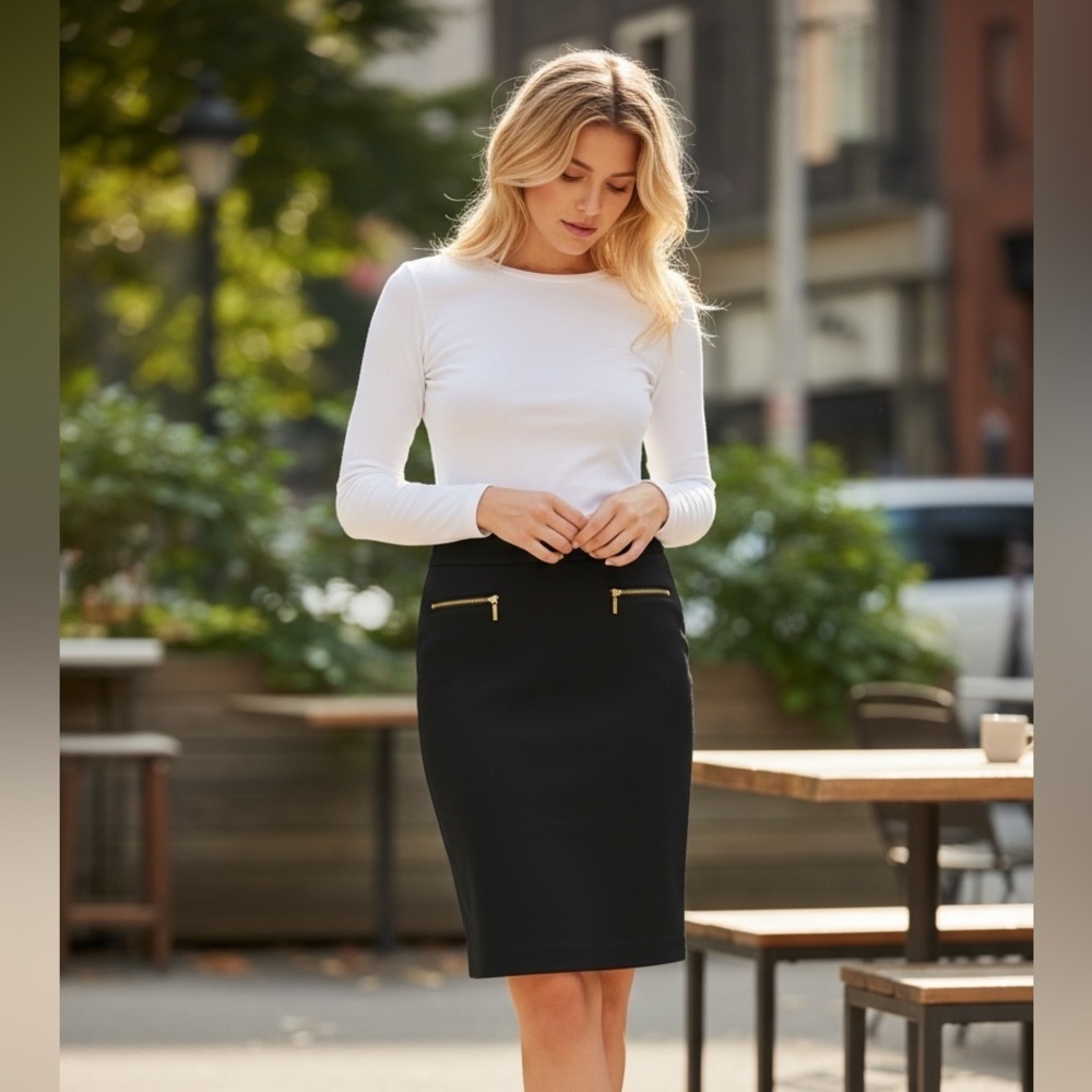 Dana Buchman Black Pencil Skirt with Gold Accents - workwear Size 4